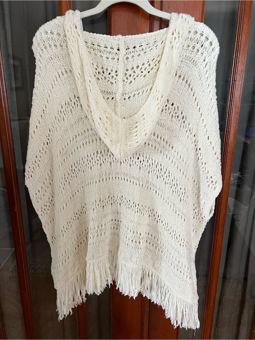 Super Soft Cream Hooded Knit Fringe Summer Sweater Poncho Beach Cover Up